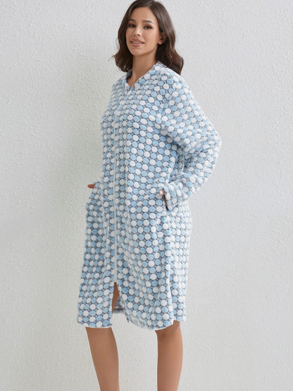 Cozy Long Sleeve Polka Dot Flannel Night Robe - Soft, Plush, and Warm Winter Sleepwear with Pocket for Women - Crew Neck, No Elasticity, Polyester Knit Fabric