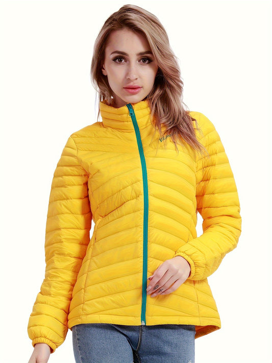 Womens Stylish Letter Embroidered Winter Jacket - Warm Thermal Insulation, Elastic Cuffs, Full Zip, Packable Down Coat for Ultimate Comfort and Convenience