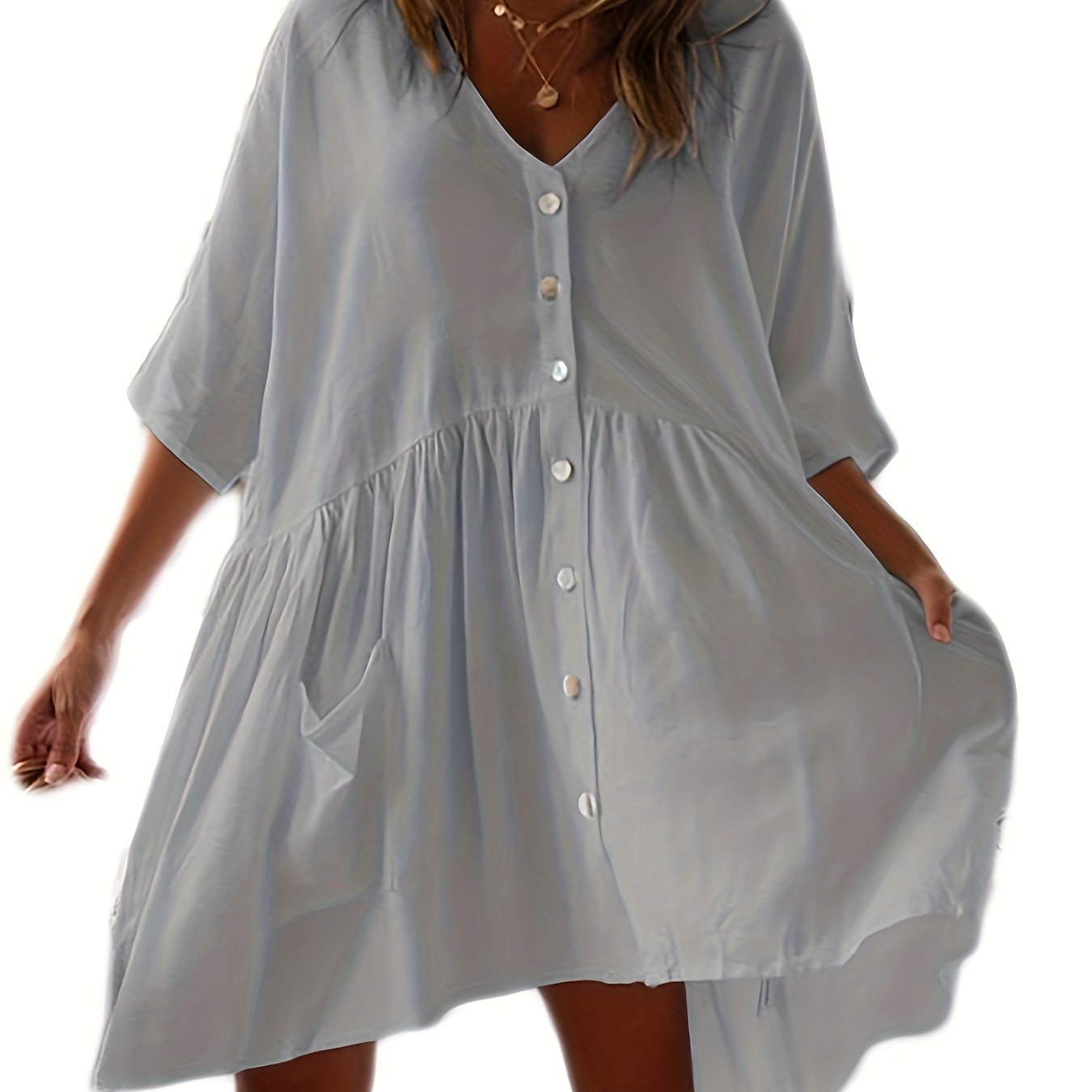 Chic Solid Color Loose-Fitting Dress - Versatile Button Front & Pockets - Perfect Half Sleeve Vacation Wear Coverup for Beach Days