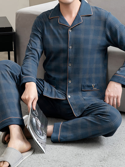 Mens Soft Cotton Plaid Pajama Set - Cozy Button-Down Top & Trousers - Perfect for Spring & Autumn - Warm, Breathable, and Stylish Home Wear for Dads