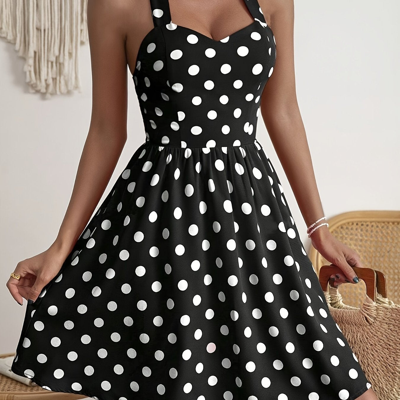 Vibrant Polka Dot Halter Neck A-line Dress - Backless, Elegant, Spring & Summer Essential - Women's Clothing for Chic Ladies