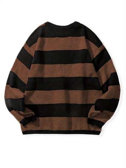 Retro Chic Knitted Sweater for Men - Soft, Warm, Slightly Stretchy Crew Neck Pullover with Preppy Striped Pattern for Fall and Winter - K-Pop Inspired, Casual, Comfortable, and Versatile