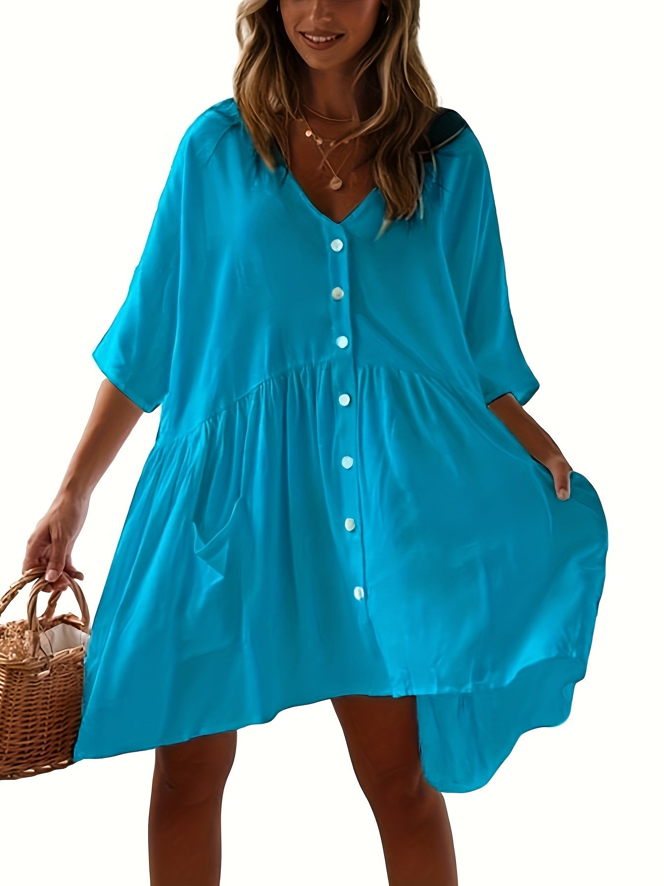 Chic Solid Color Loose-Fitting Dress - Versatile Button Front & Pockets - Perfect Half Sleeve Vacation Wear Coverup for Beach Days