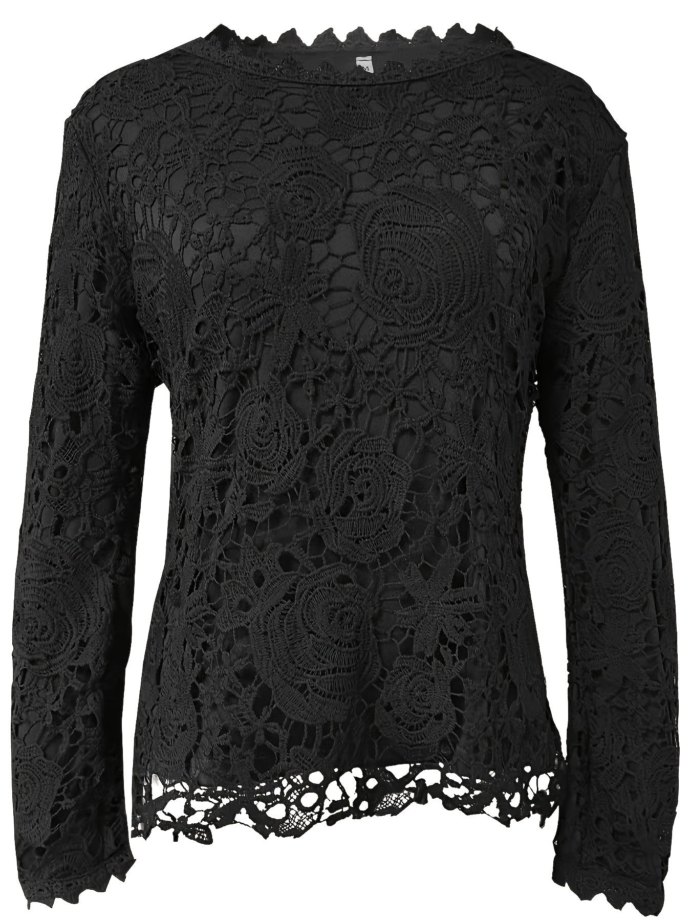 Elegant Floral Lace Crew Neck Blouse - Semi-Sheer Stretch Top for Spring/Fall, Women's Long Sleeve Feminine Top with Contrast Collar