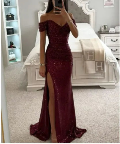 Casual Dresses Women's Sexy Strapless Sequins Evening Prom Dress Chic Off Shoulder High Slits Sparkling Party Maxi Female Bridemaid Birthday Dress