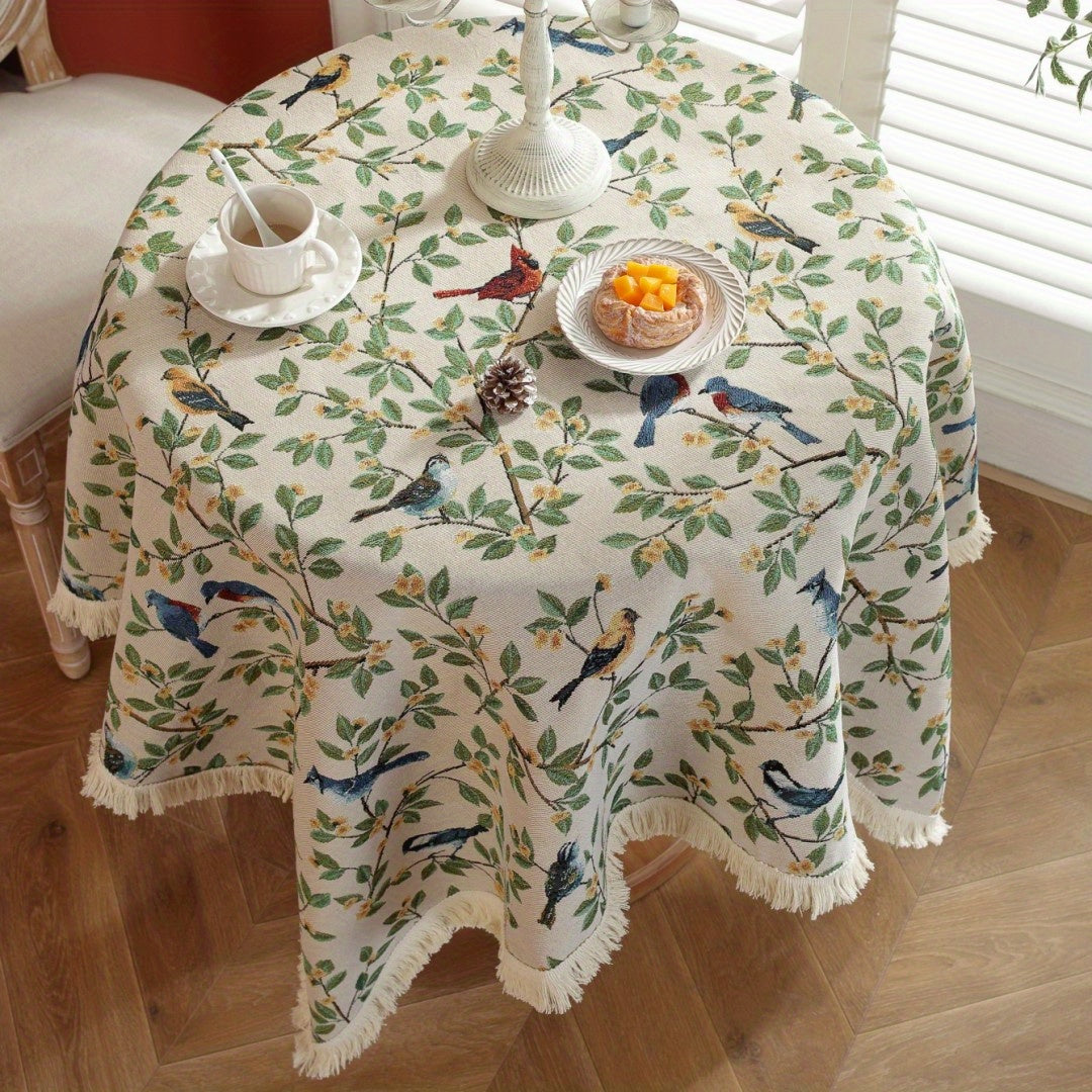 1pc, Exquisite Bird Embroidery Knitted Jacquard Tablecloth - Soft, Cozy, and Delicately Designed for Rustic Farmhouse Home Decor, Perfect for Christmas Decorations and as a Unique Gift