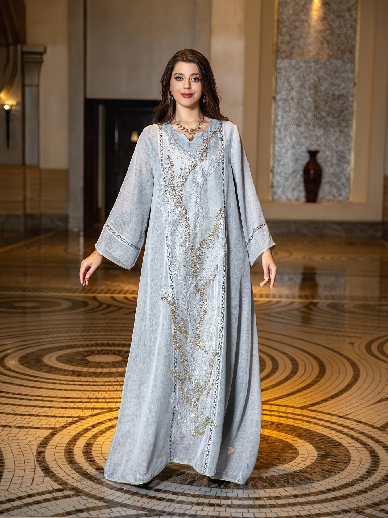 Sequined Mesh Kaftan Dress - Stunning Contrast Fabric, Elegant Long Sleeve Notched Neck Maxi Loose Fit, Perfect for Special Occasions, Womens Clothing