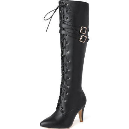 Elegantly Pointed Toe Knee High Boots - Lace-Up, Side Zip, Flare Heel, Solid Color - Elevate Your Style & Comfort