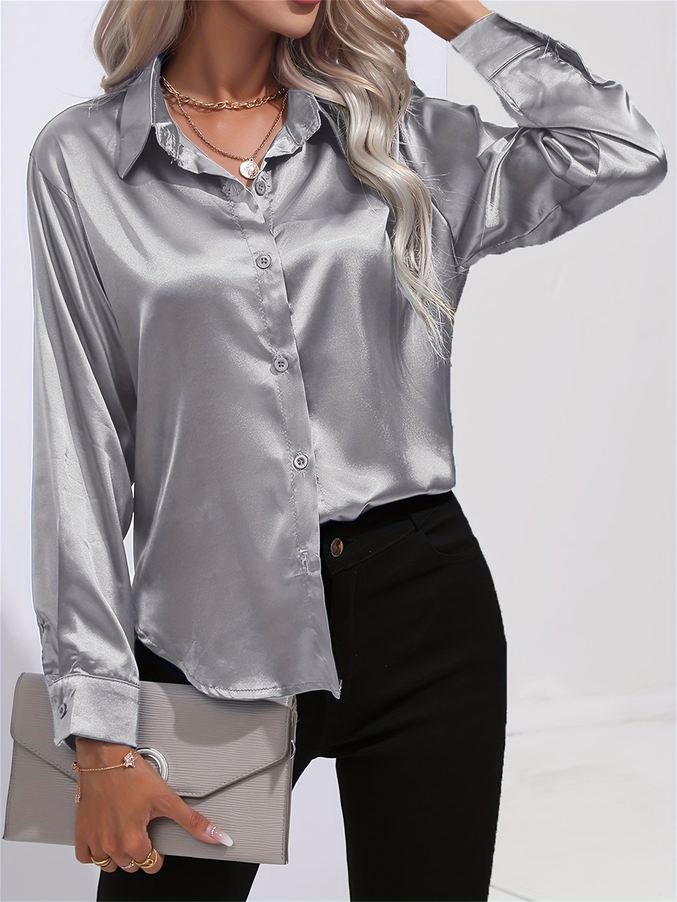 Effortlessly Chic Women's Casual Shirt: Long Sleeve, Solid Color, Lapel Collar, Dipped Hem, Micro-Elastic Fabric