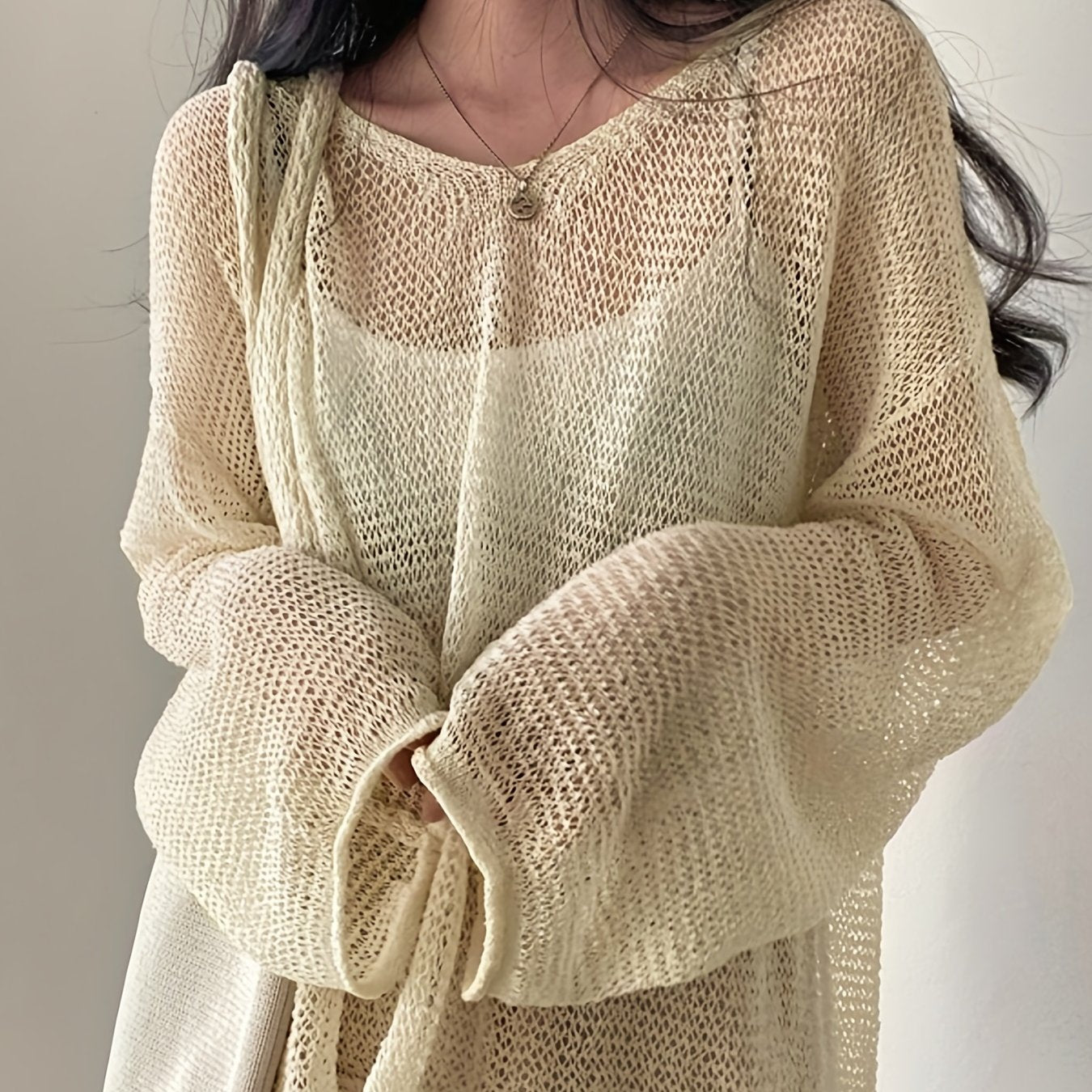 Cozy Solid Knitted Pullover Top - Soft Crew Neck, Long Sleeve, Casual Crochet Coverup, Relaxed Fit, Women's Everyday Wear, Perfect for Fall and Winter