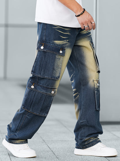 Stylish Loose Fit Wide Leg Jeans - Men's Comfy Denim Cargo Pants with Multiple Pockets for Street Style Fashion - Comfortable, Relaxed, and Fashionable Pants for Everyday Wear