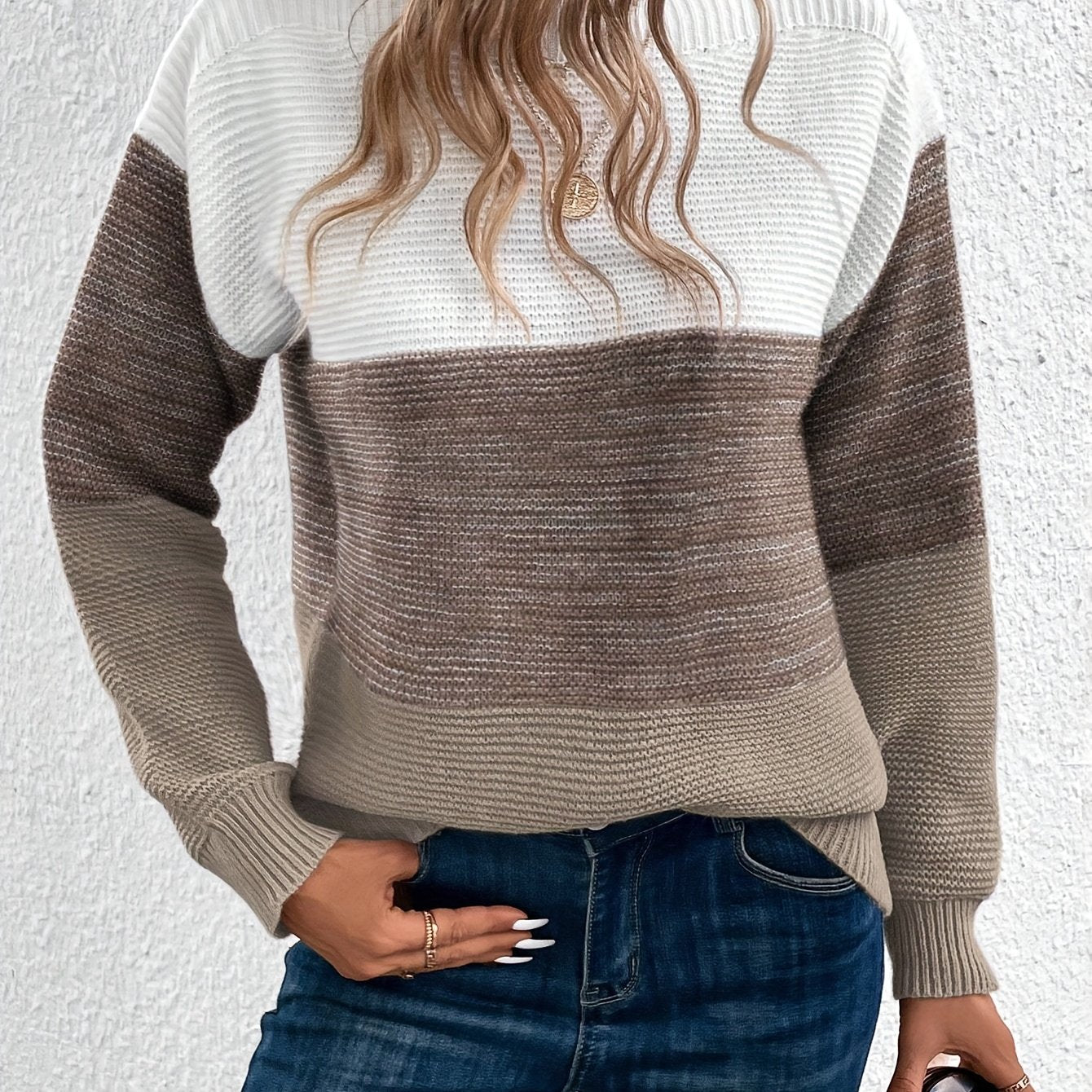 Stripe Color Block Elegant Long Sleeve Drop Shoulder Sweater - Soft Medium Stretch Recycle Polyester Fabric, Casual Off the Shoulder Style, Hand Wash or Dry Clean, Perfect for Fall & Winter - Womens Clothing