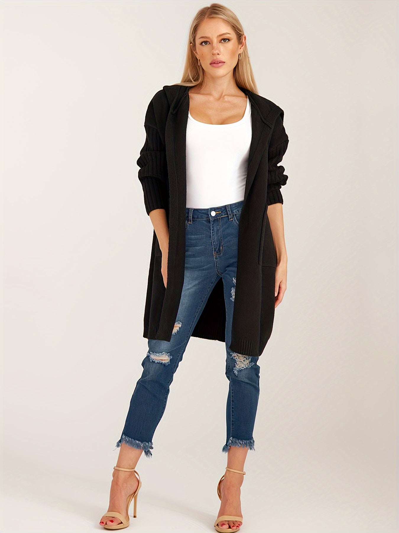 Women's Open Front Long Sleeve Hooded Duster Cardigan