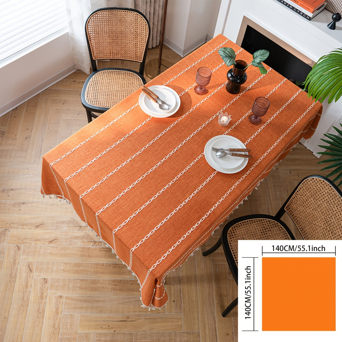 1pc Vibrant Orange Embroidered Stripe Rectangular Tablecloth - Cotton Blend Kitchen & Dining Table Linens with Pastoral Design for Room Decor and Dining Table Decoration