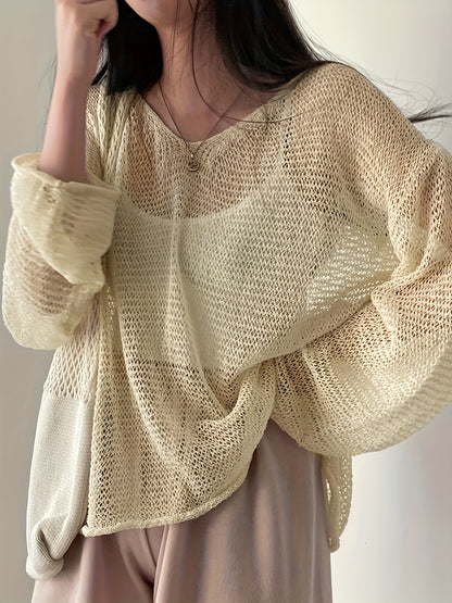 Cozy Solid Knitted Pullover Top - Soft Crew Neck, Long Sleeve, Casual Crochet Coverup, Relaxed Fit, Women's Everyday Wear, Perfect for Fall and Winter