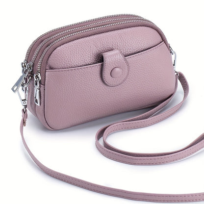 Small Genuine Leather Crossbody Bag for Women - Triple Top Zipper, Adjustable Strap, Polyester Lining, Solid Color, Edge Painted, Stylish and Practical Accessory