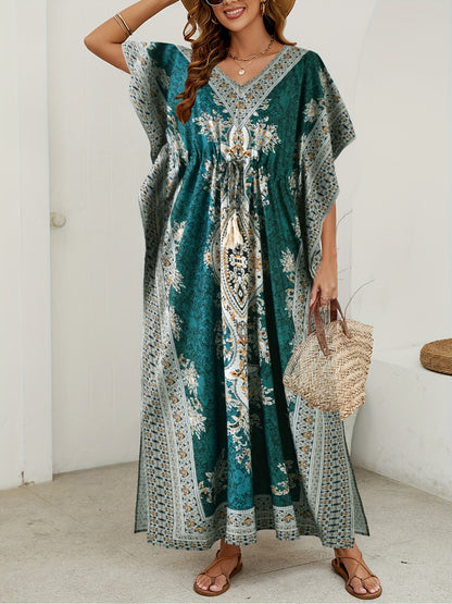 Tribal Chic V-Neck Kaftan Dress with Batwing Sleeves - Machine Washable, Versatile for All Seasons, Drawstring Detail