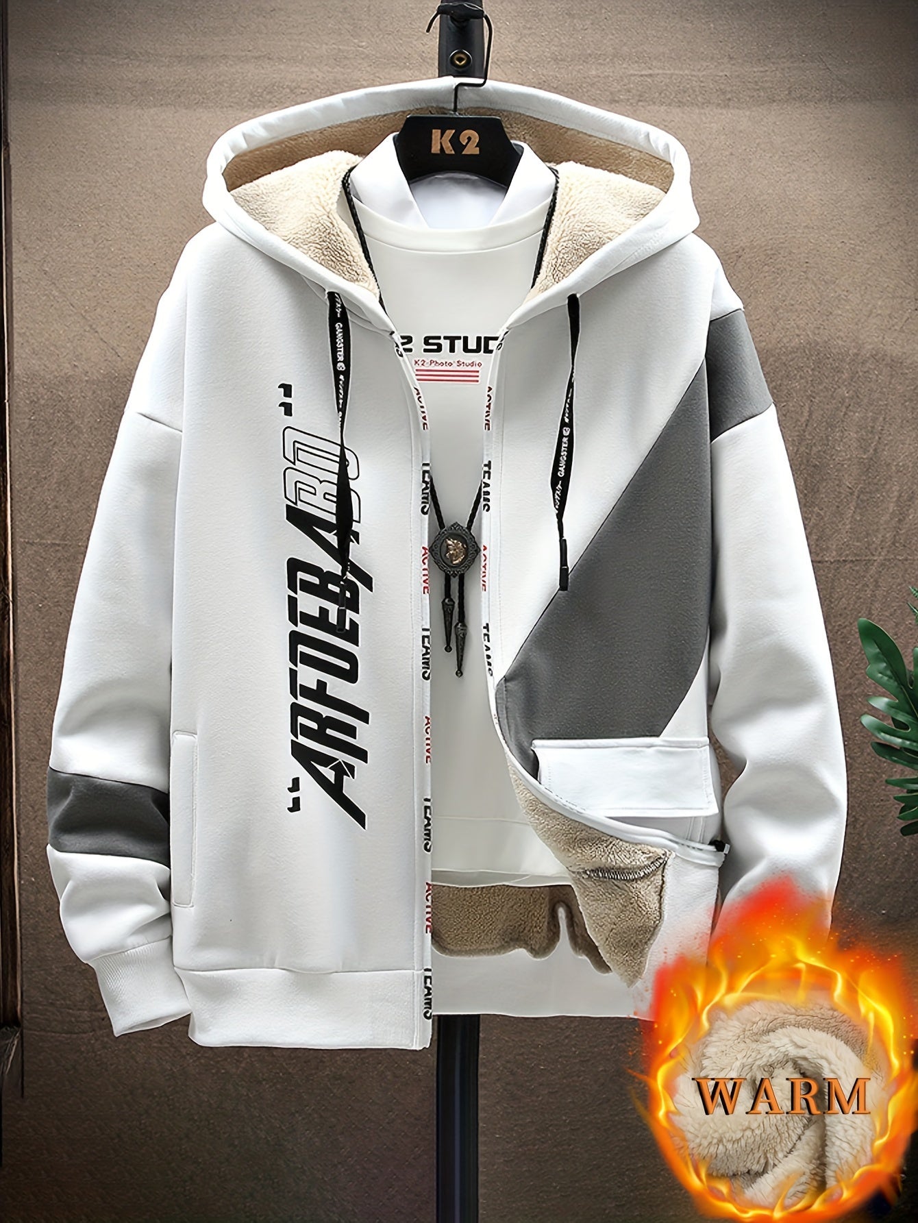 Men's Letters Print Long Sleeve Hooded Zipper Jacket - Thick Warm Fleece Sherpa Coat Suitable For Autumn And Winter