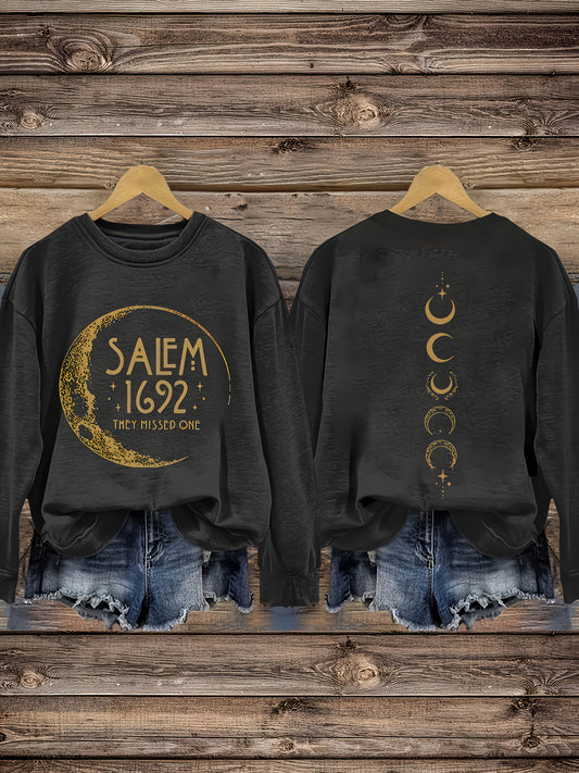 Moon Geometric Pattern Crew Neck Pullover Sweatshirt - Soft Micro Elasticity Polyester Knit Fabric, Machine Washable, Casual Long Sleeve Womens Clothing for All Seasons