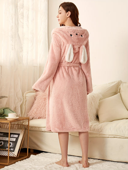 Cute Bunny Fleece Thickened Night Robe, Long Sleeve Hooded Robe With Pockets, Women's Sleepwear For Fall & Winter