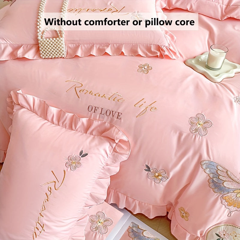 4pcs Soft Skin-Friendly Duvet Cover Set, Love Floral & Butterfly Embroidery With Large Ruffle Princess Style, Includes 1 Duvet Cover, 2 Pillowcases, 1 Flat Sheet, Breathable And Sweat-Wicking, Romantic Aesthetic Design, Comforter Not Included