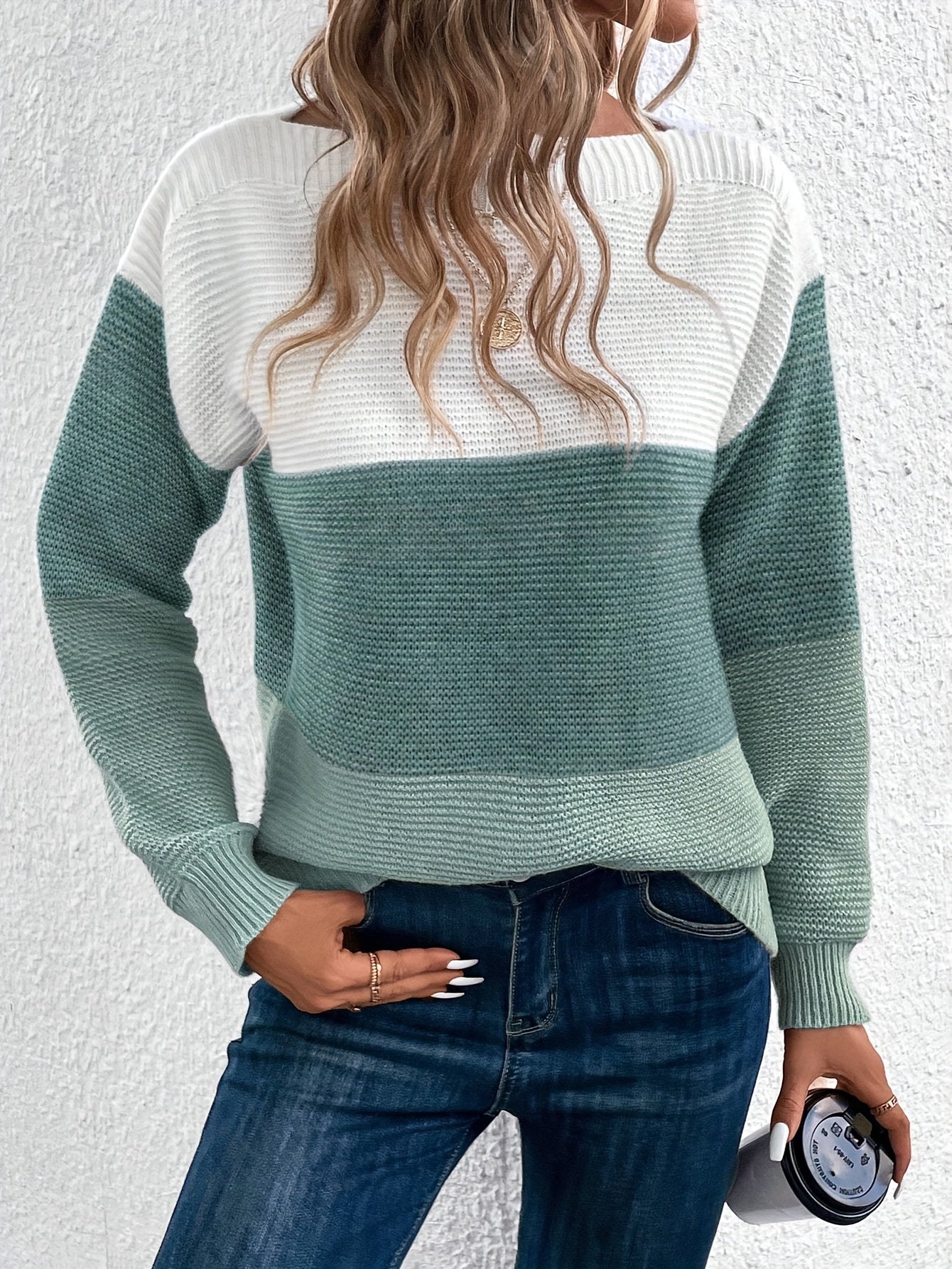 Stripe Color Block Elegant Long Sleeve Drop Shoulder Sweater - Soft Medium Stretch Recycle Polyester Fabric, Casual Off the Shoulder Style, Hand Wash or Dry Clean, Perfect for Fall & Winter - Womens Clothing