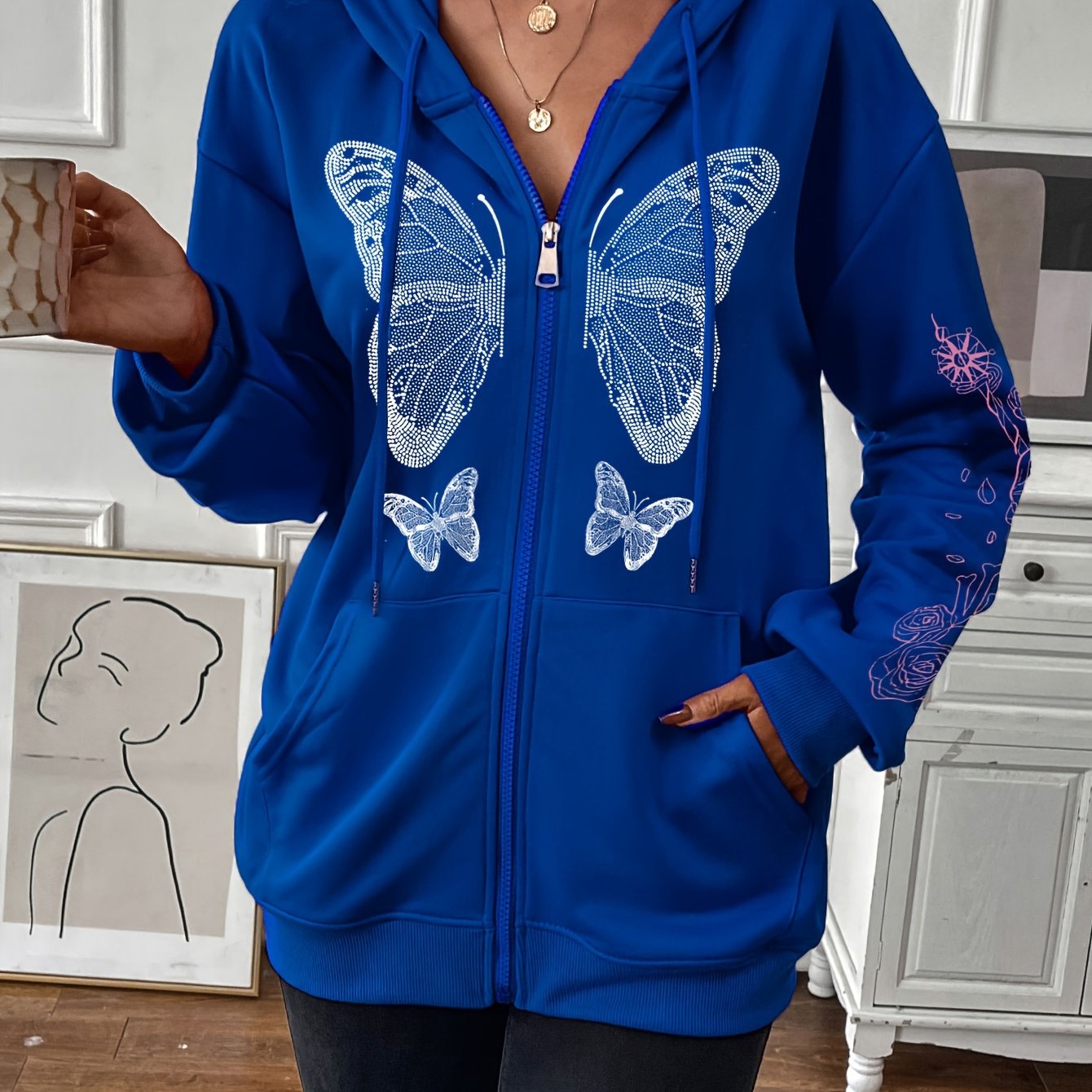 Womens Butterfly Print Zip-up Hoodie Jacket with Drawstring - Stylish Long Sleeve, Slant Pockets for Casual Chic - Adjustable Fit, Perfect for Everyday Wear