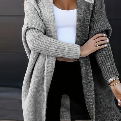 Plus Size Color Block Hooded Knitted Cardigan, Casual Long Sleeve Open Front Cardigan, Women's Plus Size Clothing