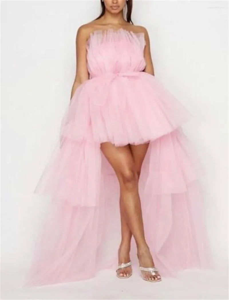 Casual Dresses Elegant Womens High Low Tulle Dress Strapless Solid Color Tiered Cocktail Party Prom Gown Black Pink Purple