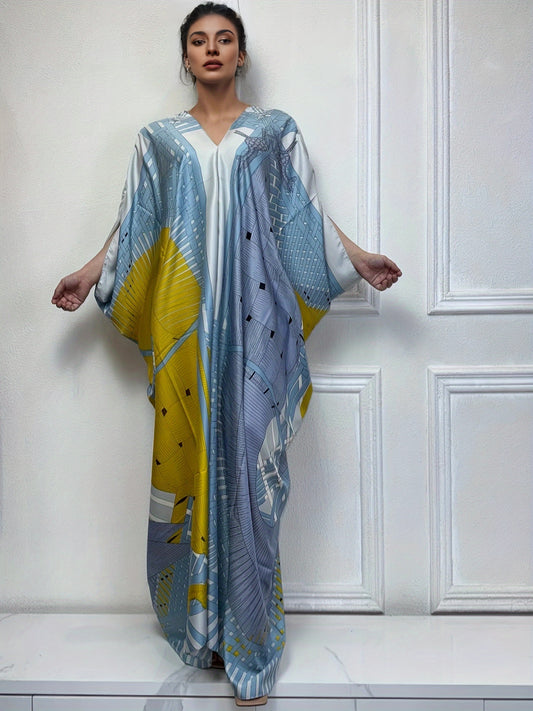 Chic Abstract Print V-neck Kaftan Dress - Flattering Batwing Sleeves, Loose Maxi Length, Versatile Cover Up for Women - A Fashionable Wardrobe Essential