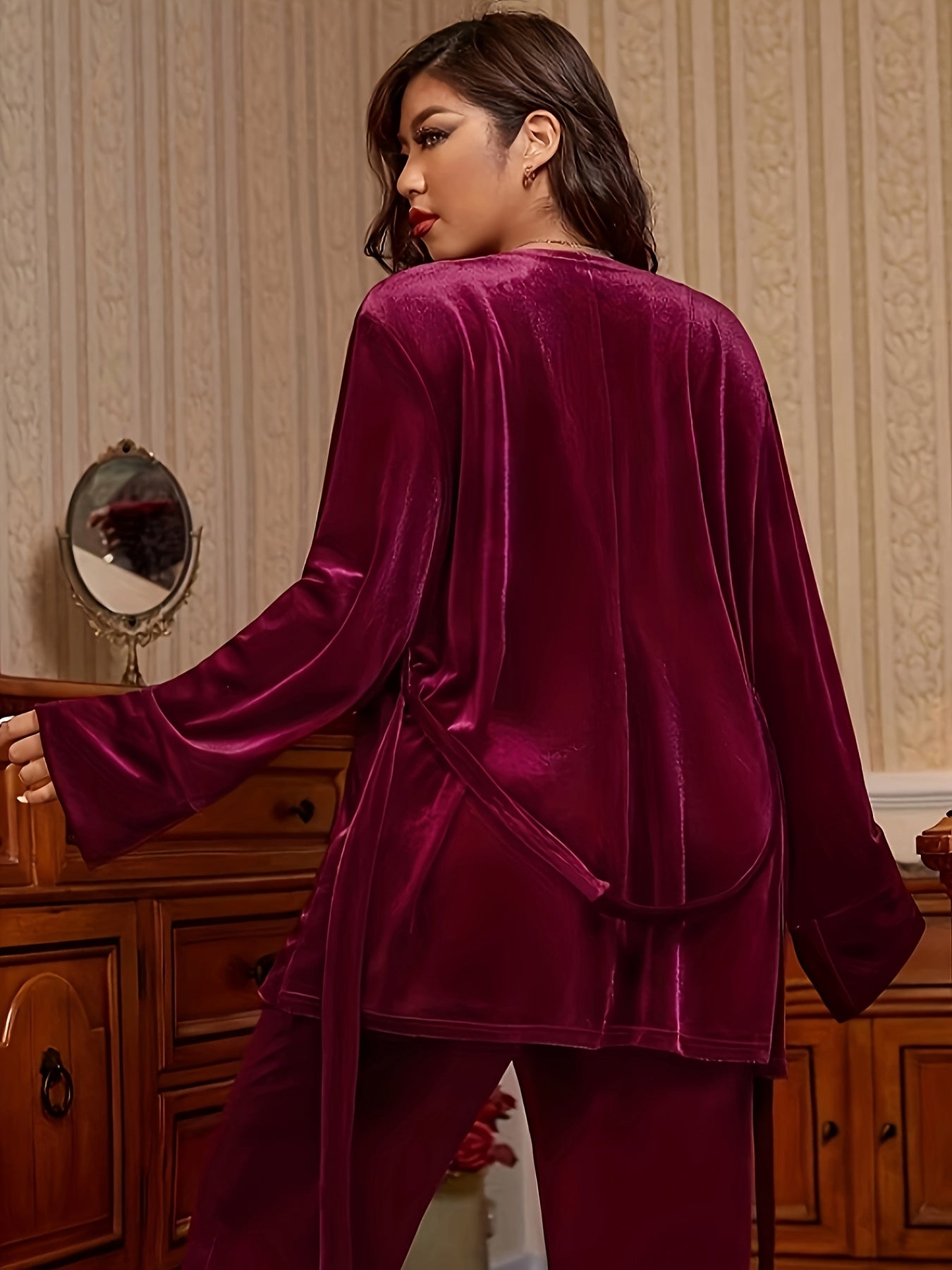 Plus Size Elegant Loungewear Robe, Women's Plus Solid Long Sleeve Open Front Velvet Sleepwear Robe With Belt