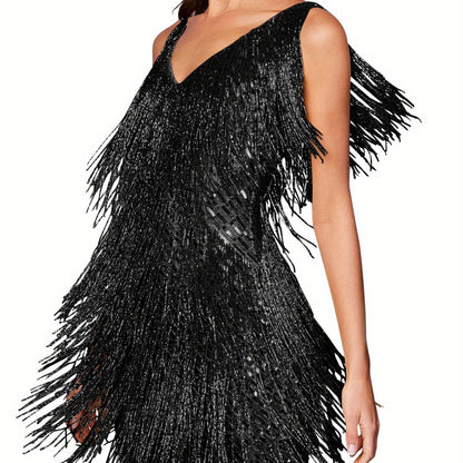 Women 1920s Sequin Dress V Neck Flapper Gatsby Homecoming Dresses Fringe Wedding Club Party Evening Gown