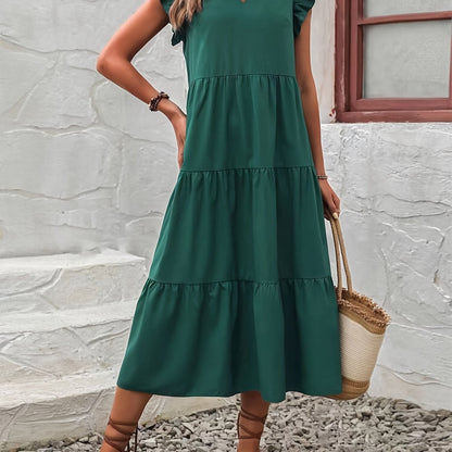 Long Elegant V-Neck Ruffle Sleeve Pendulum Dress - Flared, Solid Color, Polyester, Non-Elastic, Woven, Perfect for Spring and Summer - Womens Classic Elegant Dressing for Adult