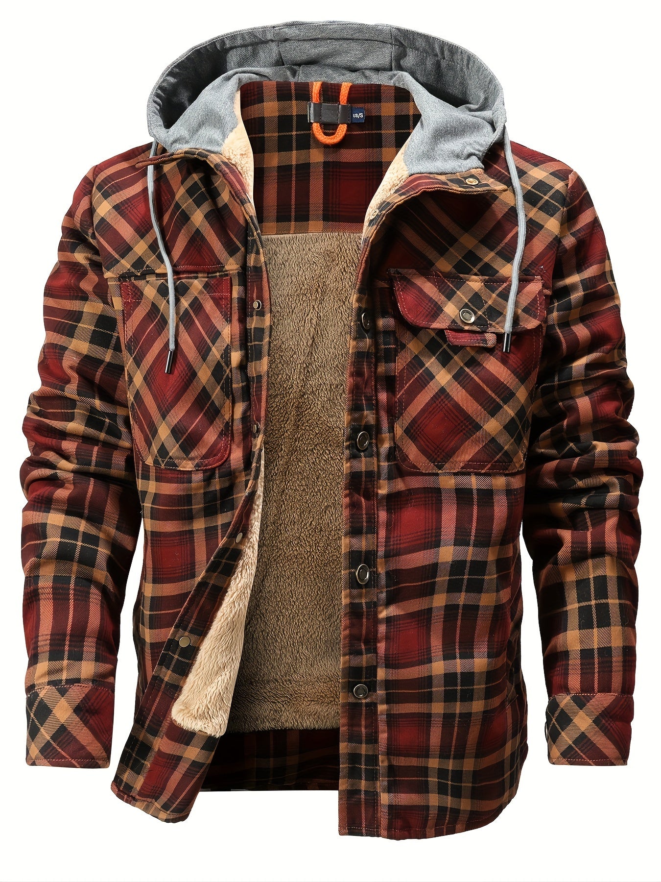 Mens Plaid Quilted Hooded Jacket with Luxurious Sherpa Lining - Stylish Casual Button Down Design - Ultra-Cozy Fleece Winter Coat for Premium Warmth and Fashionable Outerwear