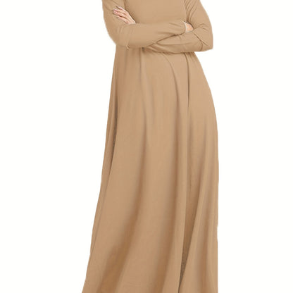 Ramadan Elegant Long Sleeve Solid Color Maxi Kaftan Dress - Comfortable Micro Elastic Polyester Fabric, Casual Turtle Neck Design, Two Pockets, Regular Fit, Middle East Style - Perfect for All Seasons, Womens Clothing