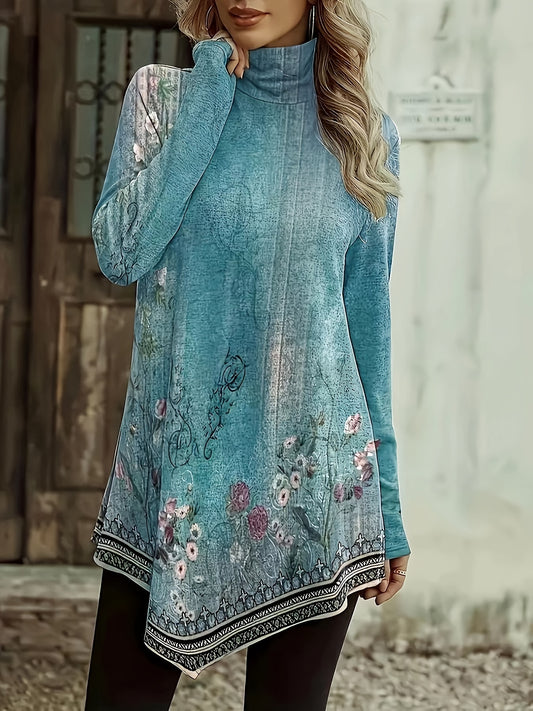 Fall/Winter Ethnic Floral High Neck Tunic Top – Vintage Casual Knit, Comfort Fit with Easy Maintenance for Women