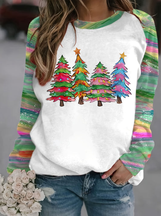 Vibrant Christmas Tree Print Crew Neck Sweatshirt - Fashion Sweatshirts for Women - Soft, Colorful, and Cozy Winter Wear with Long Sleeves and Relaxed Fit