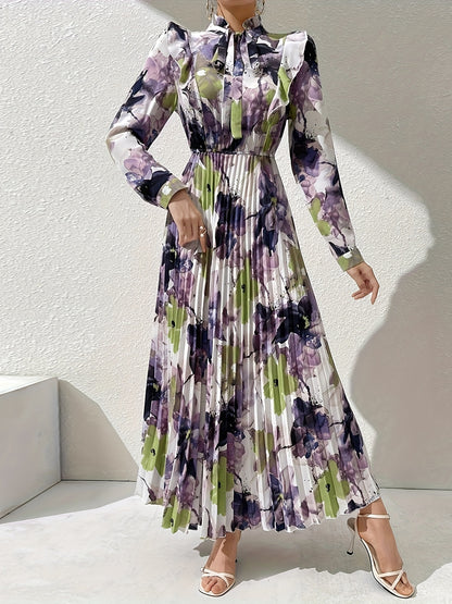 Vibrant Floral Print Tie Neck Long Sleeve Abaya Dress - Elegant Pleated Maxi Length, Flowy Comfortable Women's Clothing for Modest Fashion - Perfect for Special Occasions, Daily Wear, and Muslim Women