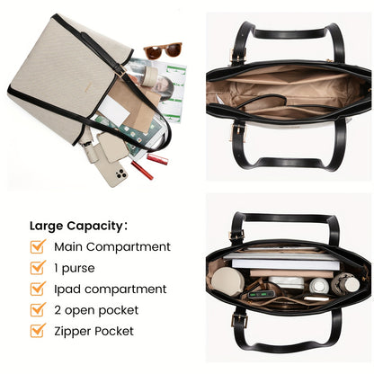 2pcs Fashion Canvas Tote Bag With Coin Purse For Women, Zipper Closure Bag For Daily Commute