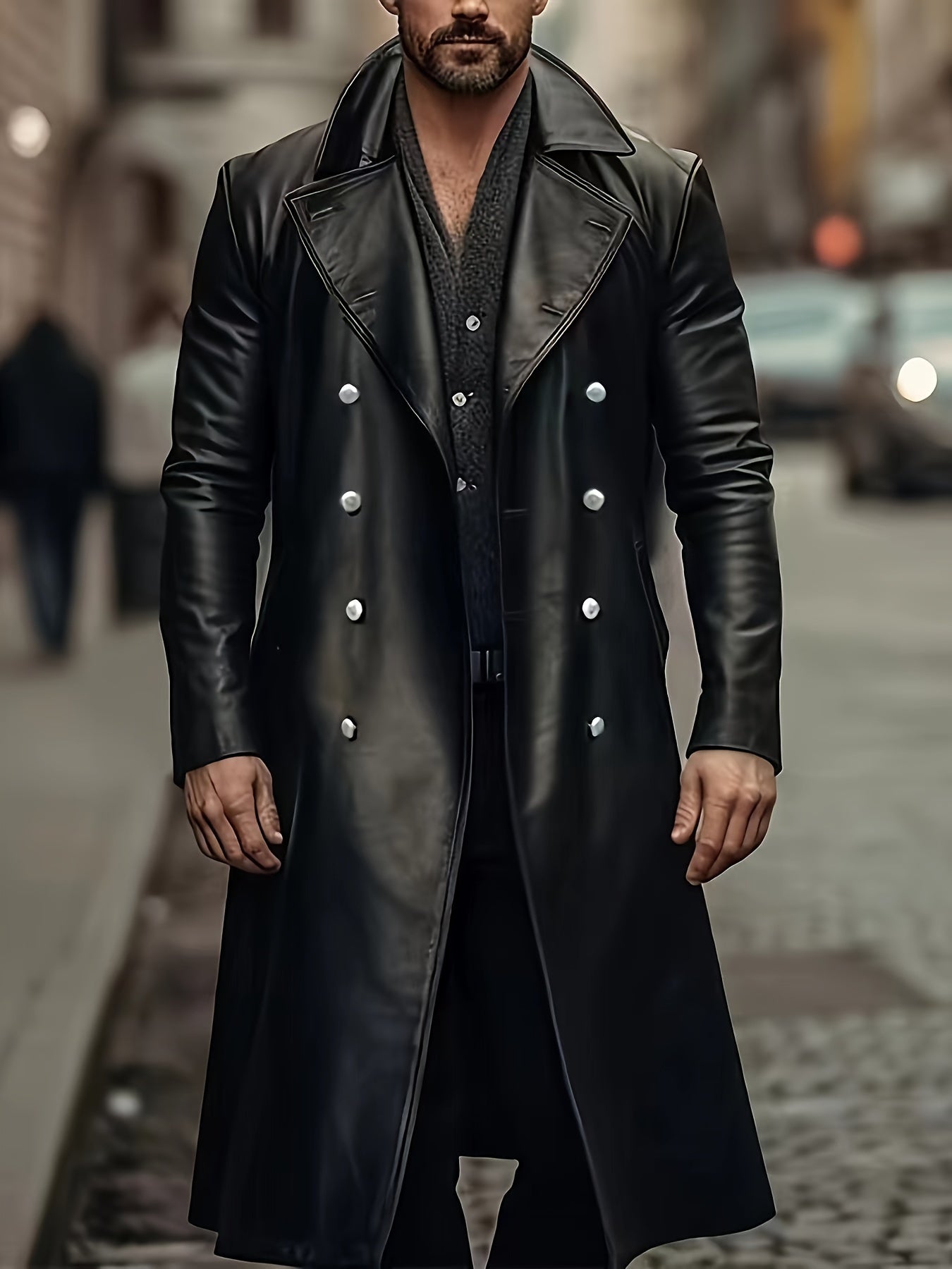 Mens Premium PU Leather Trench Coat - Stylish & Durable, Double Breasted Long Overcoat for Casual Winter Fashion