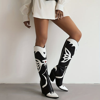 Women's Stylish Printed Chunky Heel Boots, Fashion Pointed Toe Western Boots, Women's Retro Boots