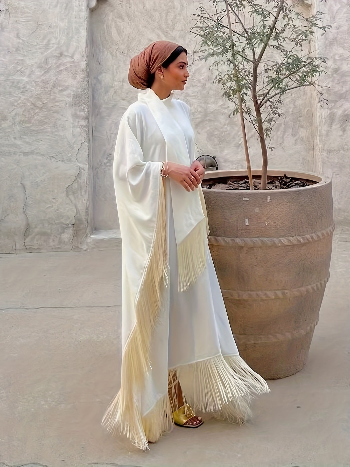 Tassel Hem Long Sleeve Abayas Dress, Elegant Maxi Length Dress, Women's Clothing