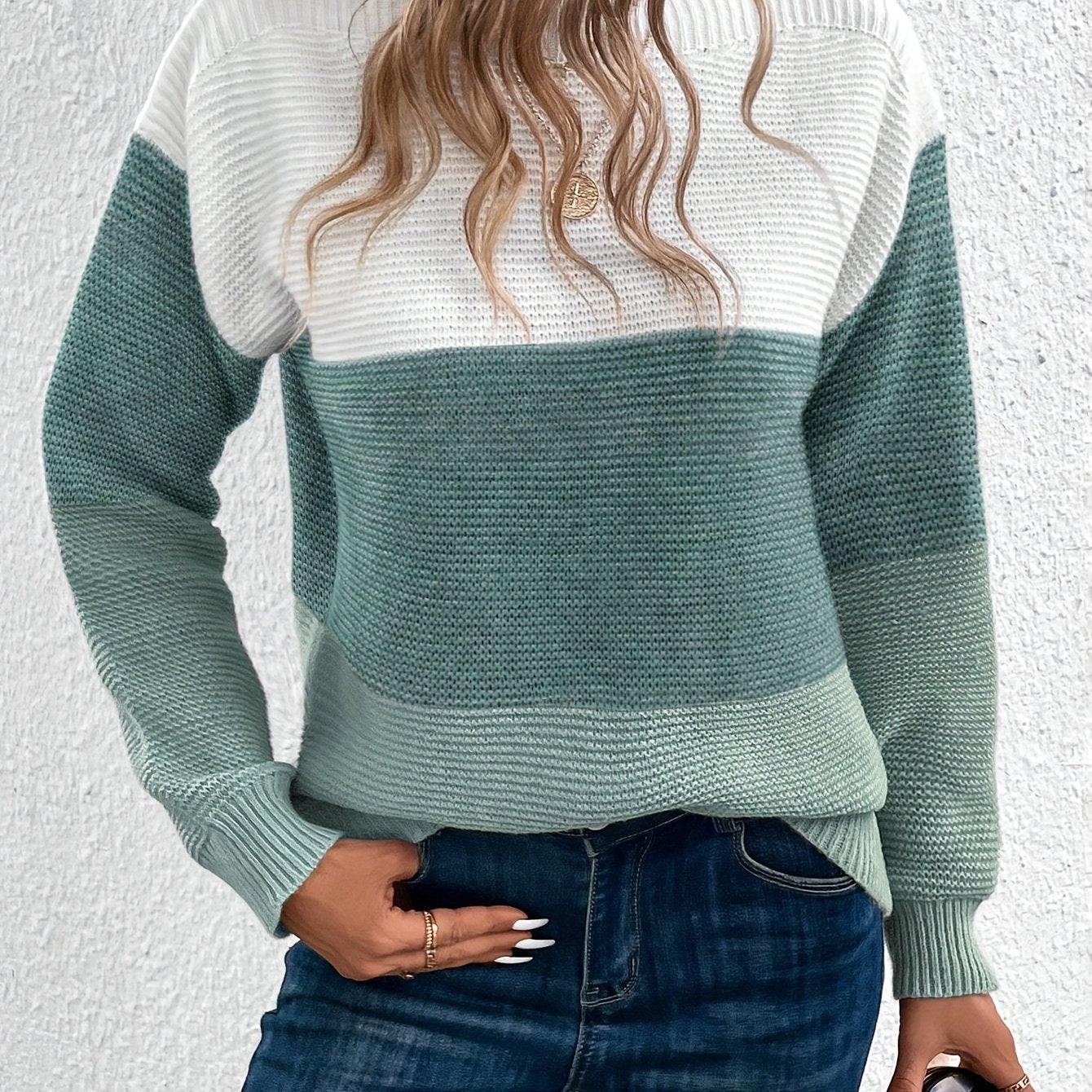 Stripe Color Block Elegant Long Sleeve Drop Shoulder Sweater - Soft Medium Stretch Recycle Polyester Fabric, Casual Off the Shoulder Style, Hand Wash or Dry Clean, Perfect for Fall & Winter - Womens Clothing