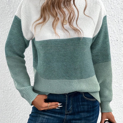 Stripe Color Block Elegant Long Sleeve Drop Shoulder Sweater - Soft Medium Stretch Recycle Polyester Fabric, Casual Off the Shoulder Style, Hand Wash or Dry Clean, Perfect for Fall & Winter - Womens Clothing