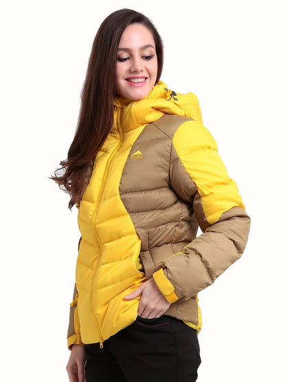 Womens Stylish Two-Tone Long Down Jacket - Insulated Warm Puffy Coat with Hood - Quilted Zipper Front Comfortable Outwear for Winter