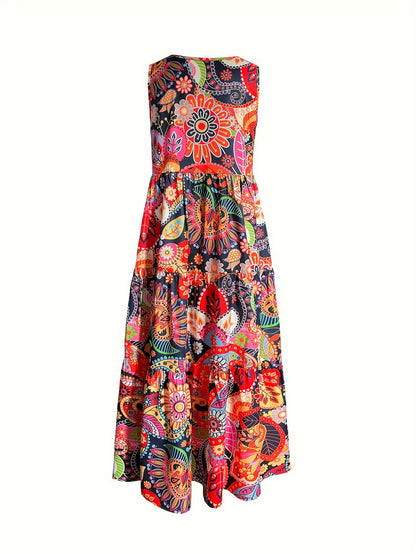 Vibrant Paisley Print V-Neck Maxi Dress - Flowy Sleeveless Ruffle Hem Loose Fit Design for Spring & Summer - Women's Vacation Clothing with Comfortable Fabric and Flattering Silhouette