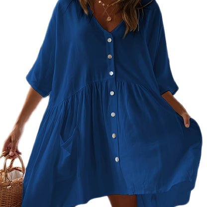 Chic Solid Color Loose-Fitting Dress - Versatile Button Front & Pockets - Perfect Half Sleeve Vacation Wear Coverup for Beach Days