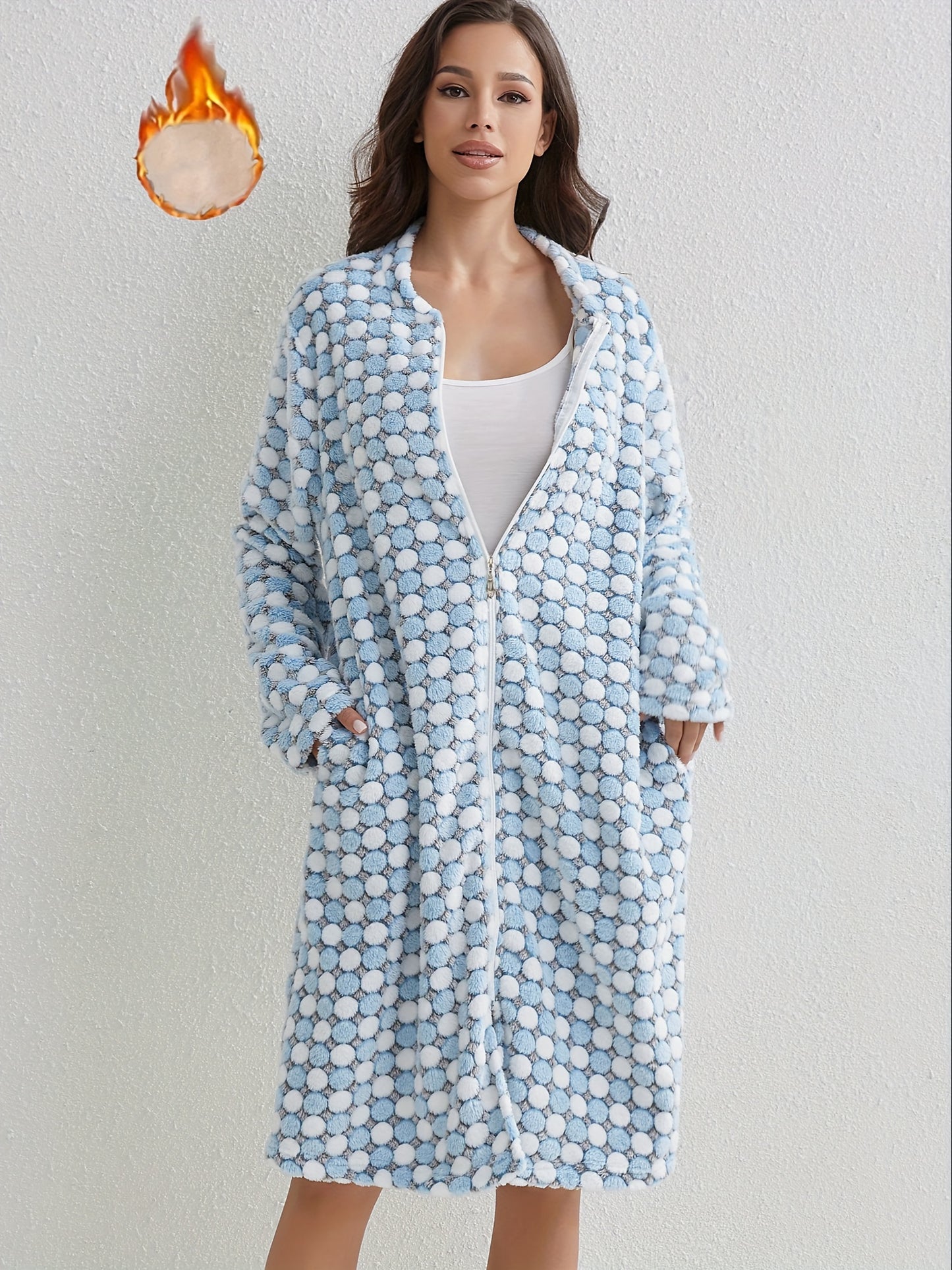 Cozy Long Sleeve Polka Dot Flannel Night Robe - Soft, Plush, and Warm Winter Sleepwear with Pocket for Women - Crew Neck, No Elasticity, Polyester Knit Fabric