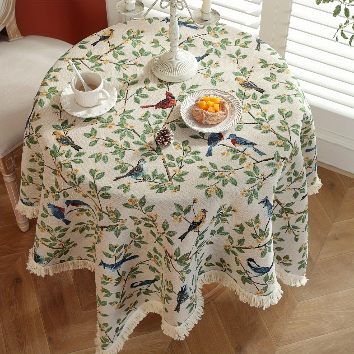 1pc, Exquisite Bird Embroidery Knitted Jacquard Tablecloth - Soft, Cozy, and Delicately Designed for Rustic Farmhouse Home Decor, Perfect for Christmas Decorations and as a Unique Gift