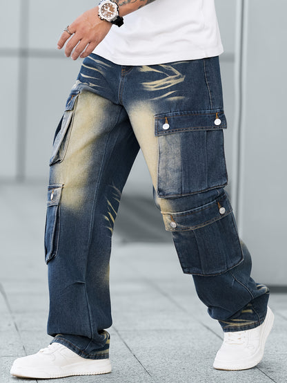 Stylish Loose Fit Wide Leg Jeans - Men's Comfy Denim Cargo Pants with Multiple Pockets for Street Style Fashion - Comfortable, Relaxed, and Fashionable Pants for Everyday Wear